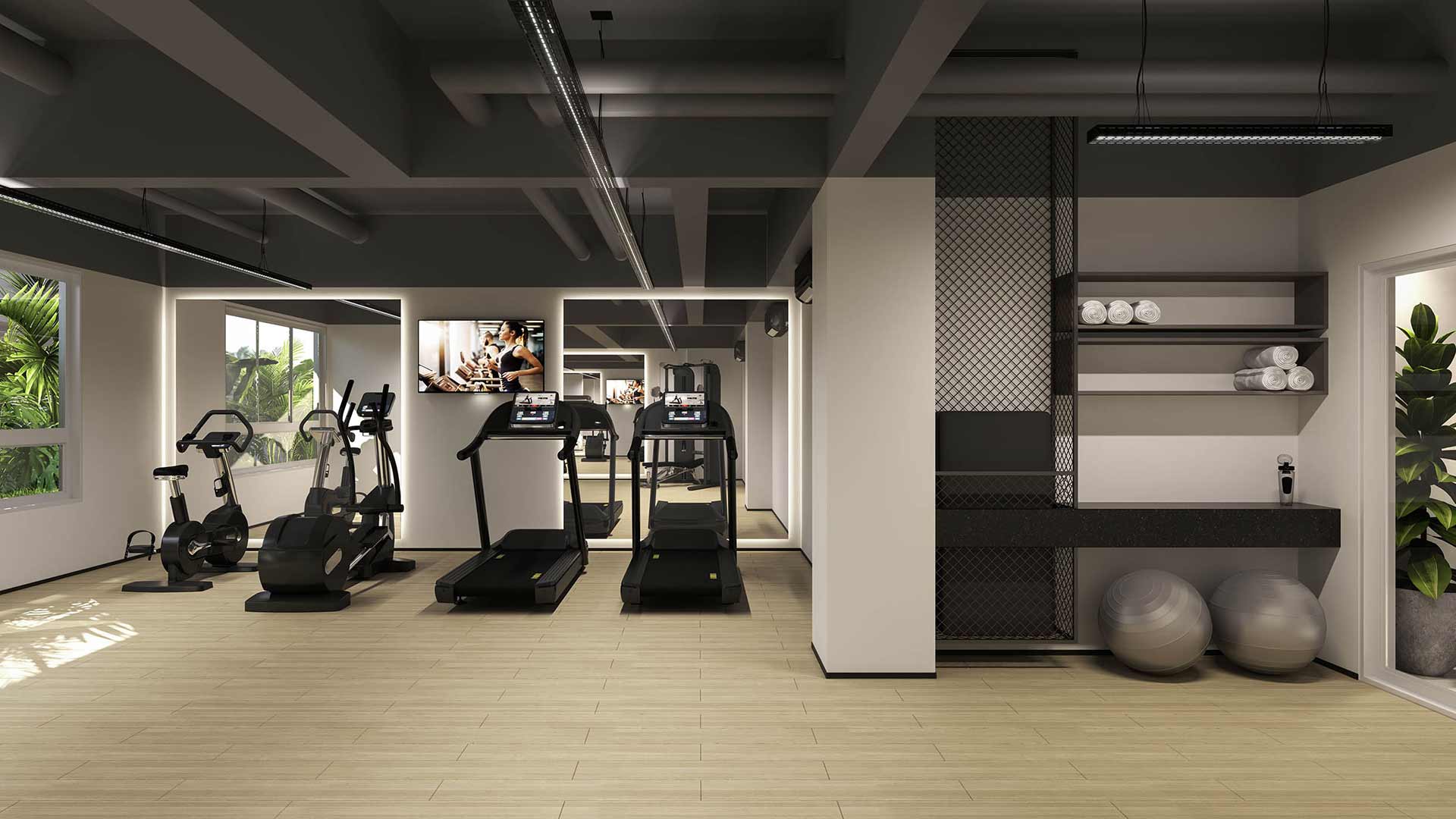 Fitness - Perspectiva ilustrada do fitness com sugestão de decoração. Os acabamentos serão entregues conforme o memorial descritivo.