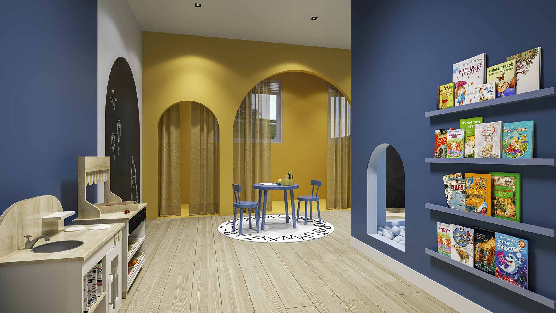 Brinquedoteca - Perspectiva ilustrada do espaço kids com sugestão de decoração. Os acabamentos serão entregues conforme o memorial descritivo.