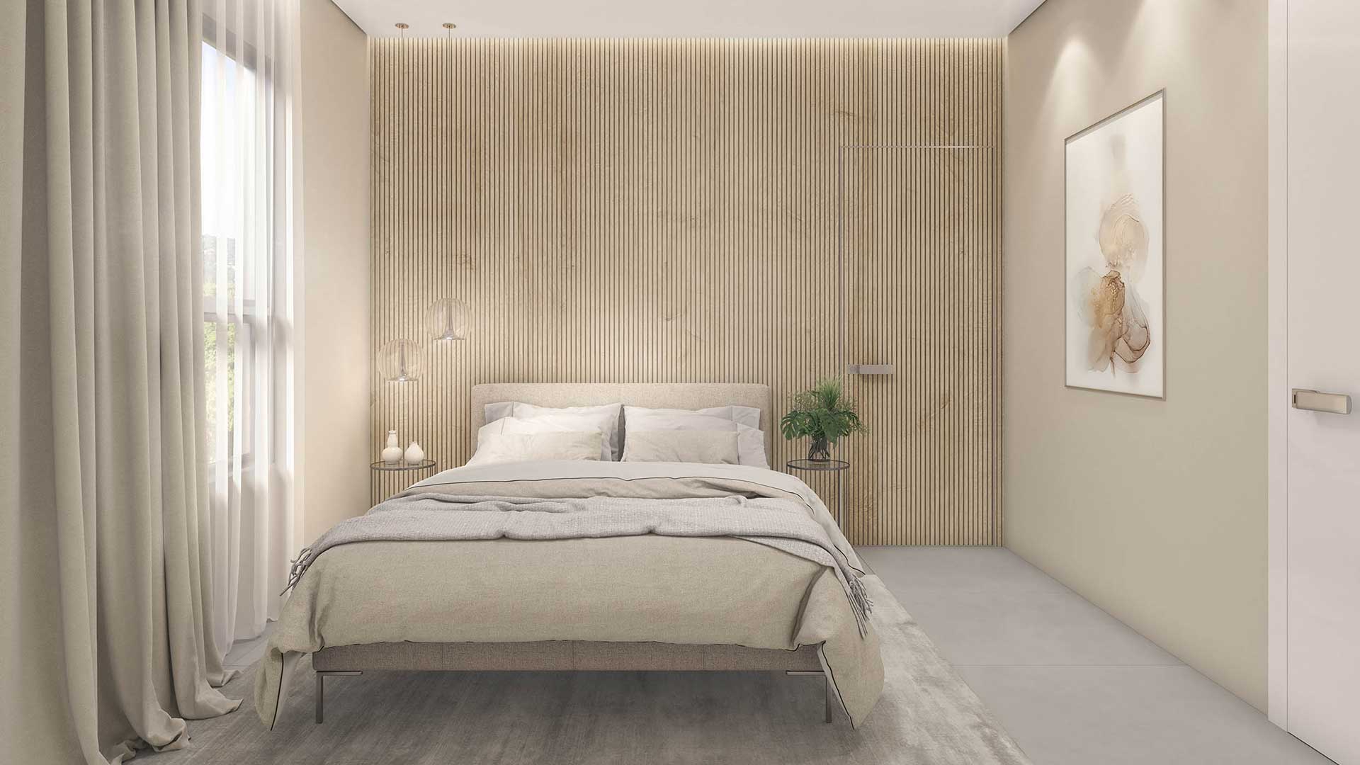 Perspectiva ilustrada da semissuite com sugestão de decoração. Os acabamentos serão entregues conforme o memorial descritivo.
